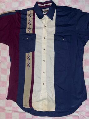 VTG Cumberland Outfitters Shirt Mens Medium Blue Colorblock Aztec Southwestern